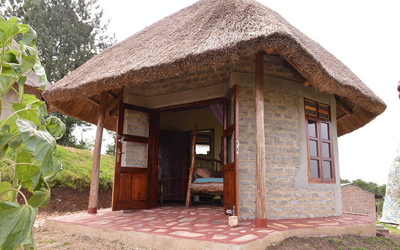 Standard single thatched cottage with forest views